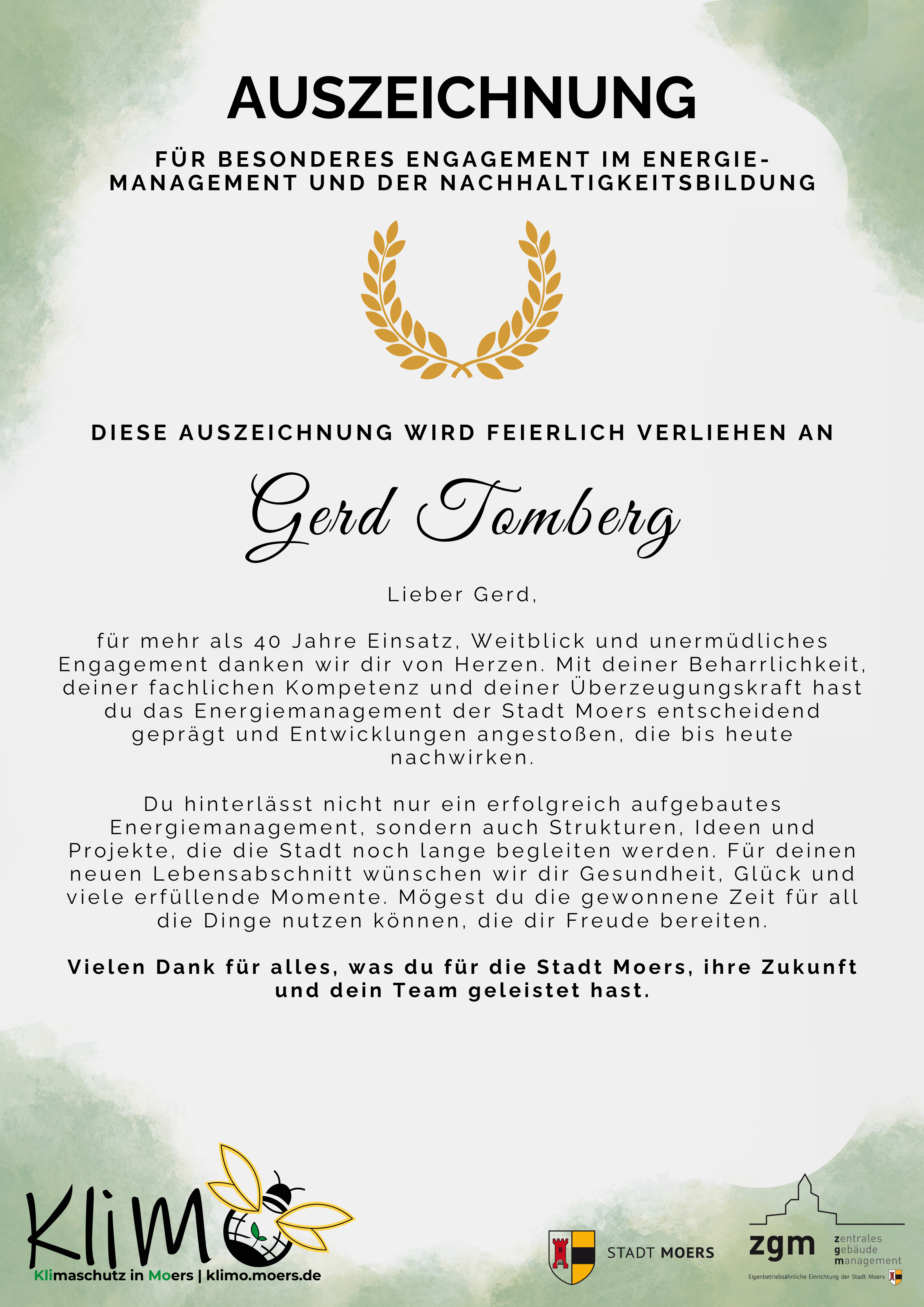 Auszeichnung Gerd Tomberg