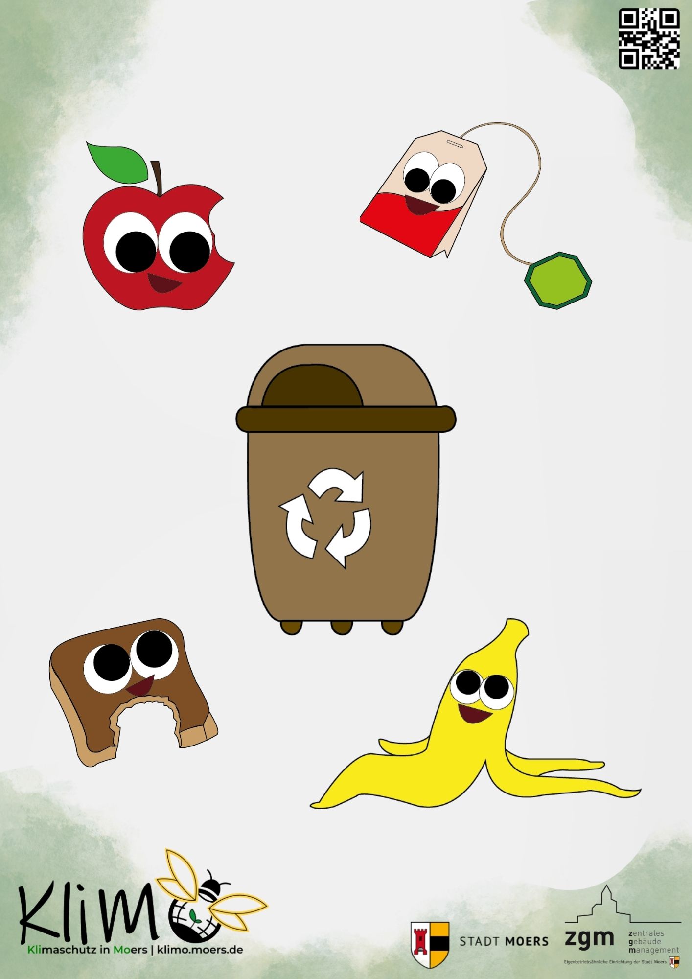 Mülleimer-Aufkleber für den Biomüll. Apfel, Bananenschale, Teebeutel und ein angebissenes Brot.