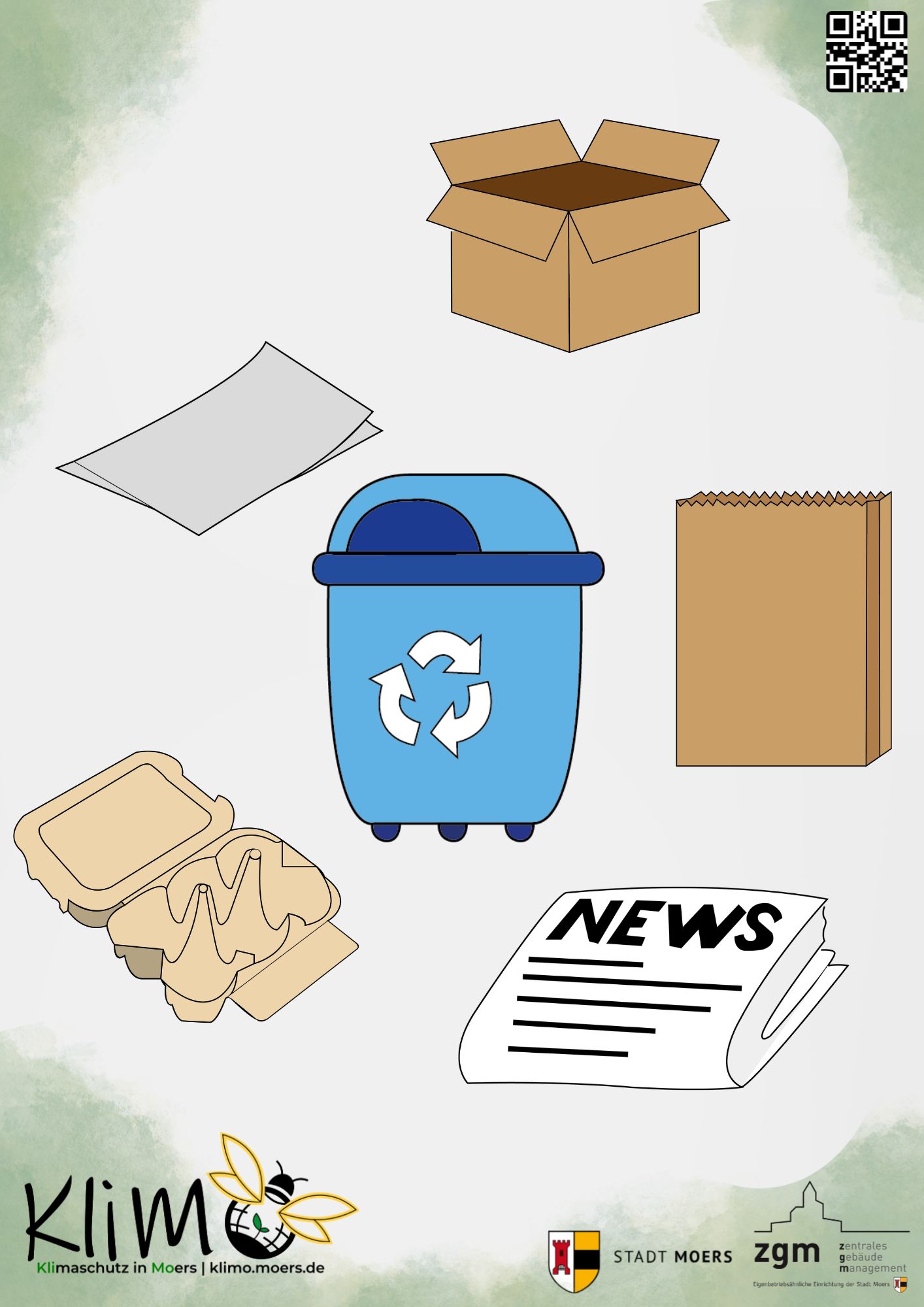 Mülleimer-Aufkleber für den Papiermüll. Pappkarton, Papiertüte, Eierkarton, Zeitung und Zettel.