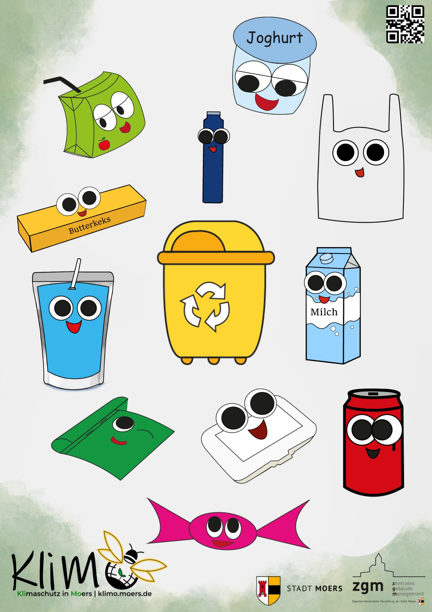 Mülleimer-Aufkleber für den Plastikmüll. Verpackungen, wie Getränkedosen, Bonbonpapier, Tüten und Tintenpatronen.