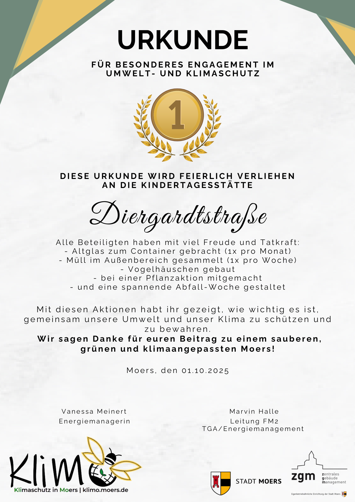 Urkunde der Kita Diergardtstraße