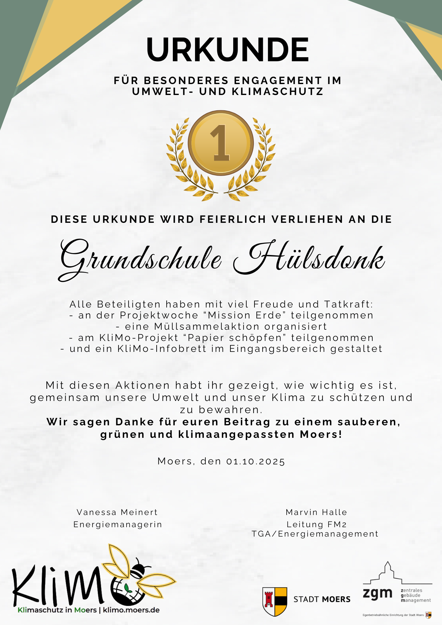 Urkunde der Grundschule Hülsdonk