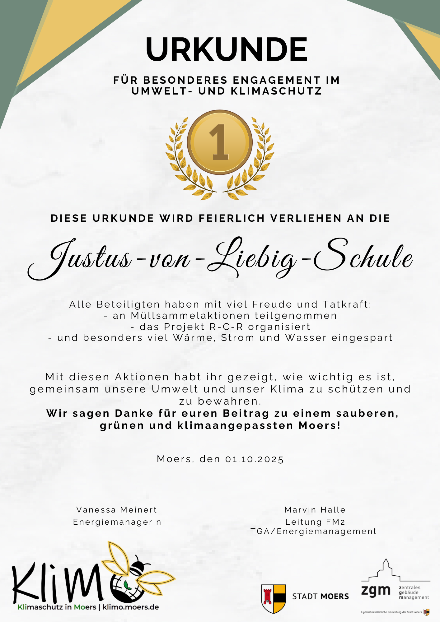 Urkunde der Justus-von-Liebig-Schule