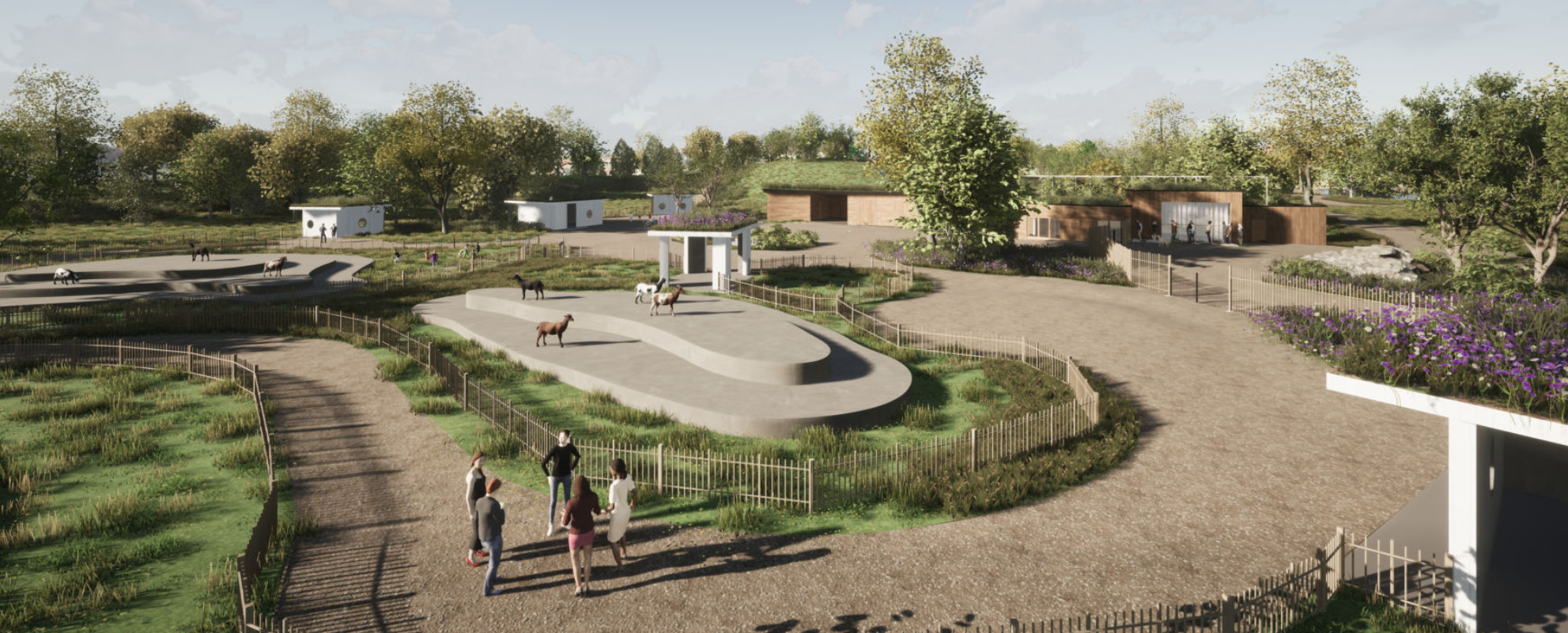 Übersicht des Streichelzoos. Ziegengehege im Vordergrund