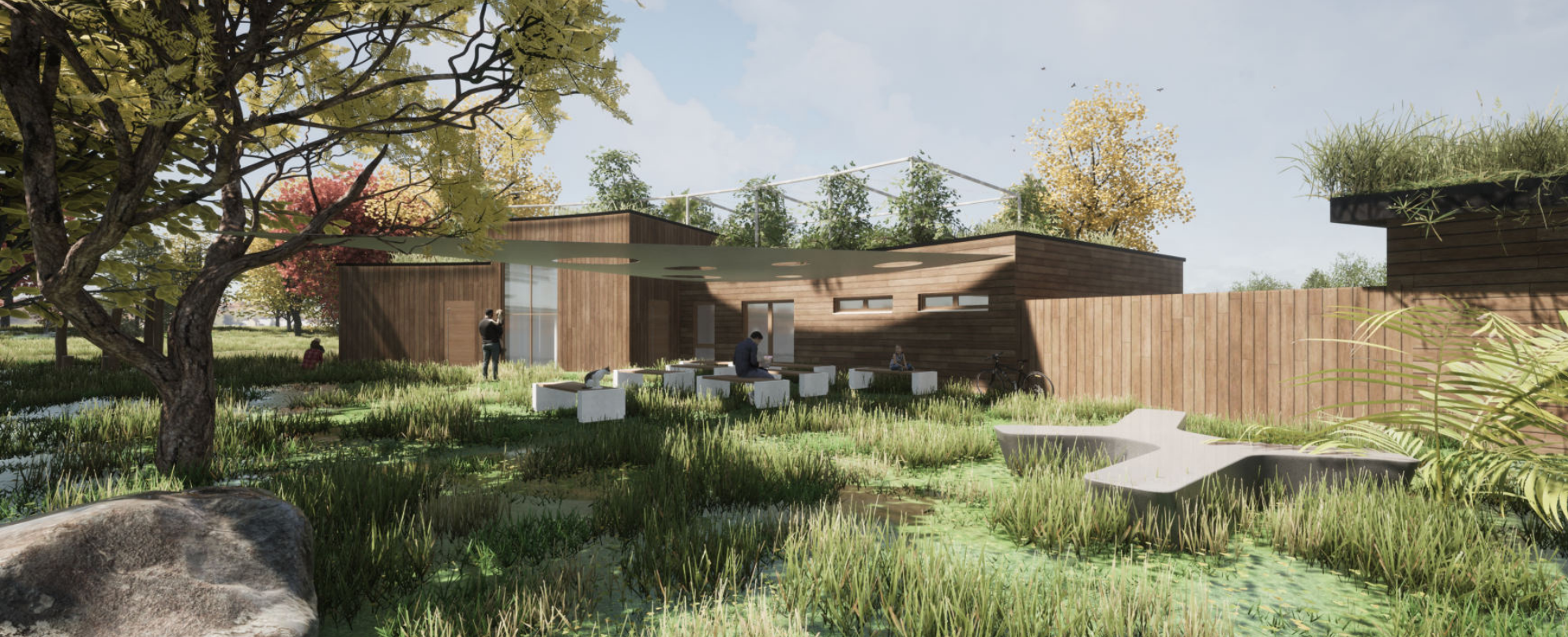 Terrasse am Streichelzoo. Außerdem zu sehen: Begrünung auf dem Dach.