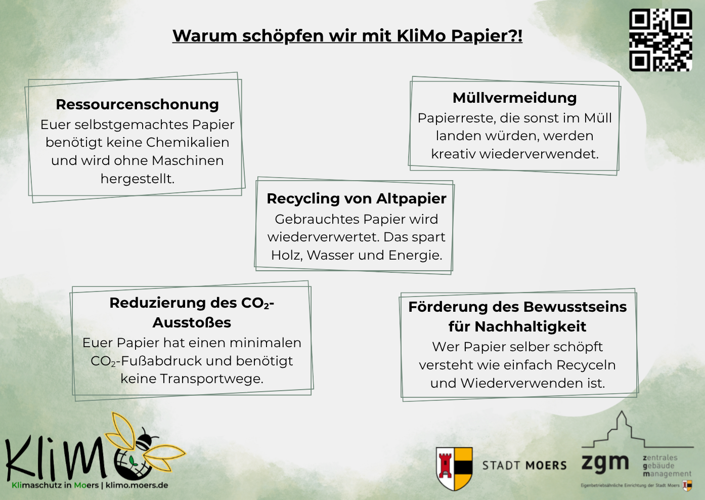 Warum schöpfen wir mit KliMo Papier?! Gründe: Ressourcenschonung, Müllvermeidung, Recycling von Altpapier, Reduzierung des CO2-Ausstoßes und Förderung des Bewusstseins für Nachhaltigkeit.